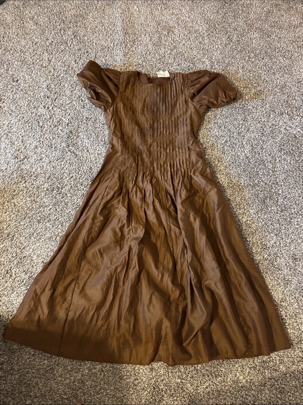 Brown Puff-Sleeve Maxi Dress with Pintuck Bodice - Unbranded